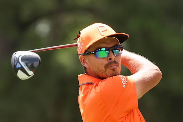 Rickie Fowler of the United States plays his shot from the third tee during the final round of the Wells Fargo Championship at Quail Hollow Country Club on May 07, 2023 in Charlotte, North Carolina.
